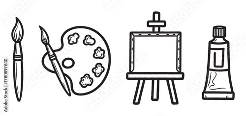 Hand-drawn vector images of art supplies including paintbrushes, a palette, an easel with canvas, and a tube of paint.