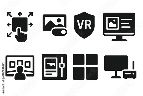 Virtual Curation Tools. Solid style icons of virtual curator tools: drag-and-drop canvas icon, digital frame toggle, VR curation