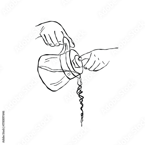 Coffee pot in hands. Teapot with tea. Doodles. Hand drawn vector illustration