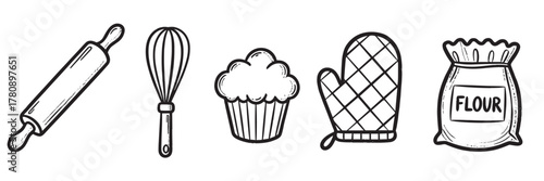 Black outline icons of a rolling pin, whisk, cupcake, oven mitt, and flour bag for baking concepts.