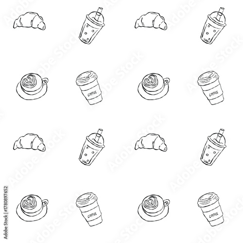 Coffee and croissant pattern.  Doodle-style drawing, lines. Hand drawn vector illustration.