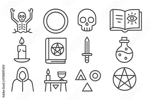 Esoteric Magic Symbols. Line style icons of Esoteric Magic: Raising the Dead, Circle, Skull, Secret Knowledge; Candle, Spellbook,