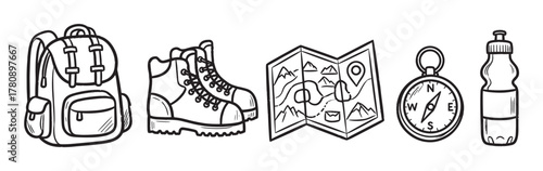 Black outline icons of camping gear including a backpack, hiking boots, a map, a compass, and a water bottle.