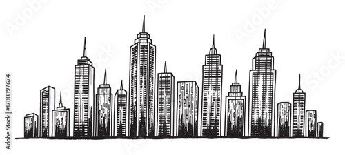 Black and white hand-drawn skyline of a city with tall, varied skyscrapers and spire-topped buildings, showcasing architectural diversity.