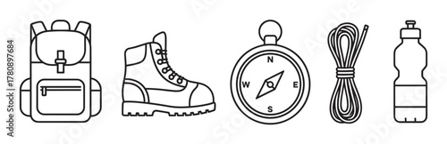 Black outline vector icons of a backpack, hiking boot, compass, coiled rope, and water bottle, representing essential camping equipment.