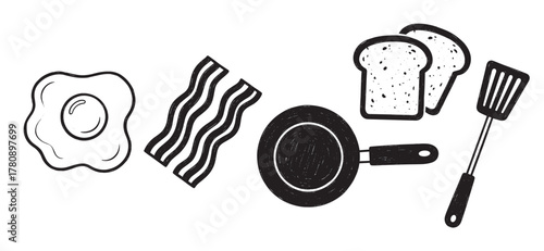 Hand-drawn breakfast-themed elements including a fried egg, bacon strips, bread slices, a frying pan, and a spatula.