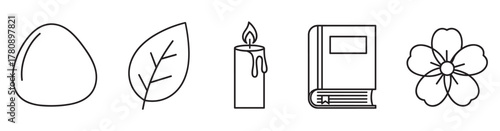 Black outline vector icons of an egg, leaf, candle, book, and flower arranged in a horizontal row.