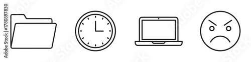 Four black outline icons showcasing a file folder, a clock with numerals, an open laptop, and an angry face with a frown.