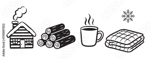 Black and white illustration of a cozy cabin with smoke, firewood logs, steaming coffee cup, and a warm blanket featuring a snowflake icon.