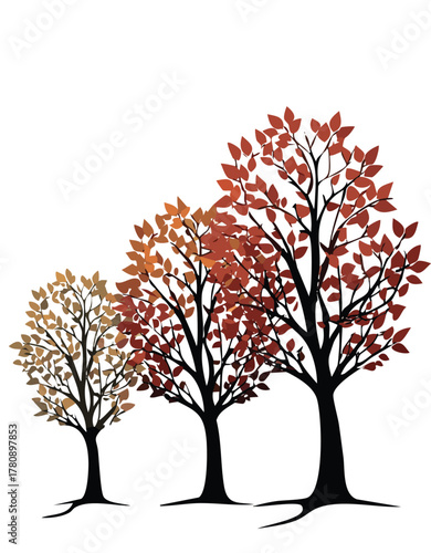 Three trees with red and brown leaves