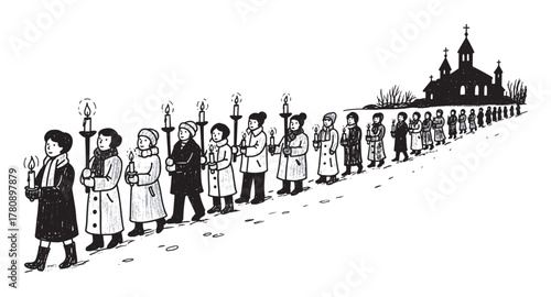 Black and white illustration of a group of people in winter clothing holding candles in a procession towards a rural church on a snowy path.