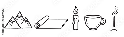 Black outline icons of a mountain range, rolled-up mat, lit candle, steaming cup, and burning incense stick.