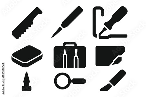 Ice Carving Tools Icons. Solid style icons of ice etching tools: serrated frost blade, fine-tip engraver, looped chisel icon.