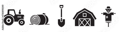 Black silhouette icons of a tractor, hay bale, shovel, barn, and scarecrow representing agricultural and farming elements.