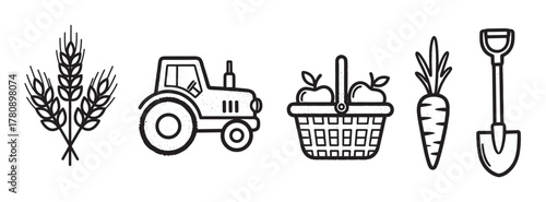 Black outline icons of agricultural elements including wheat, tractor, basket of apples, carrot, and shovel, representing farming and harvest concepts.