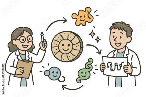 Whimsical Fossil Mapping. Friendly doodle fossil protein mapping with happy scientists, cartoon molecules bouncing, smiling fossil