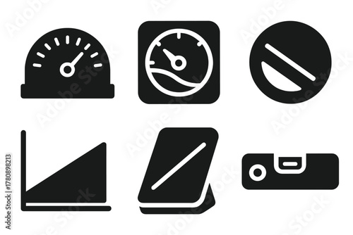 Slope Angle Icons. Solid style icons of slope angle measurements: degree gauge glyph, tilt meter icon, curve badge. Downhill ring,