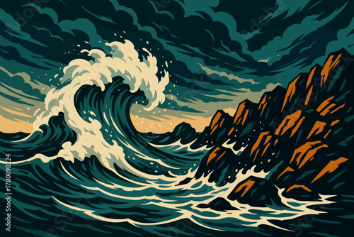 Dramatic Ocean Waves. Dramatic waves crashing against a rocky shore under a stormy sky, bold and powerful tones vector