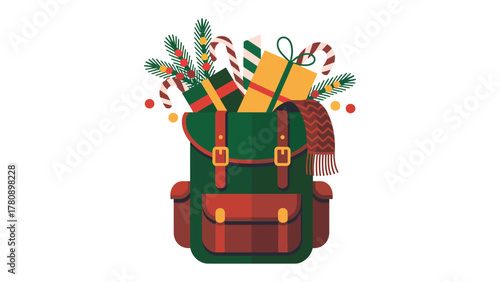 Festive Pack of Presents: A vibrant illustration showcasing a backpack brimming with cheerful holiday treats and gifts, capturing the essence of the season's joy and generosity.