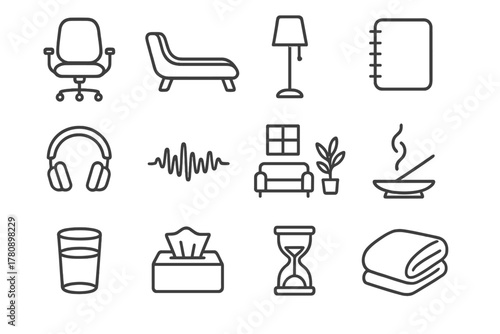 Guided Session Icons. Line style icons of guided sessions: therapist chair, patient couch, soft lamp, notebook; headphones, music