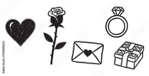 Black outline icons of a heart, rose, diamond ring, love letter, and gift box, symbolizing romance and love.