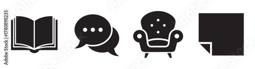 Black and white icons of an open book, speech bubbles, an armchair, and a folded paper corner representing communication and relaxation.