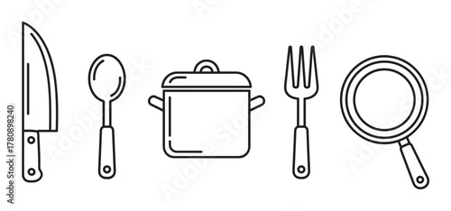 Black outline icons of essential kitchen utensils including a knife, spoon, pot, fork, and frying pan, arranged horizontally and evenly spaced.