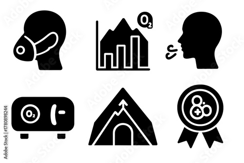 Hypoxic Training Icons. Solid style icons of hypoxic training: altitude mask icon, mountain oxygen chart, breath control glyph.