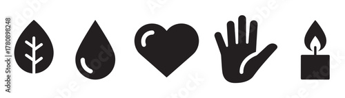 Black icons of a leaf, water droplet, heart, hand, and candle flame arranged in a row. each symbol represents a different element or concept.