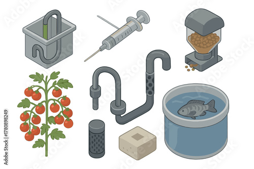 Isometric Aquaponics Systems. Isometric vector illustration set of Aquaponics systems: siphon break loop, water sampling syringe,