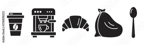 Black outline icons of a coffee cup, espresso machine, croissant, coffee bean bag, and spoon in a minimalistic style.