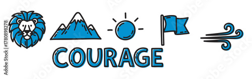 Bold and colorful illustration featuring a lion, mountain, sun, flag, and wind icons with the word "courage.