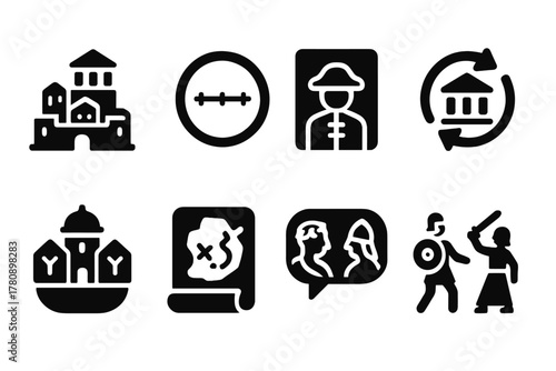 Historical Simulation Icons. Solid style icons of historical simulations: ancient city render icon, timeline badge, character in