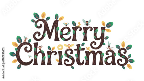 Holiday Greetings: A whimsical Merry Christmas banner crafted with natural, leafy embellishments and playful illustrations, ideal for seasonal celebrations.