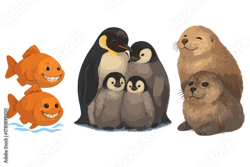 Polar Wildlife Adaptation. Adaptation showcase with polar fish wearing antifreeze smiles, penguins huddling warmly, and seals with