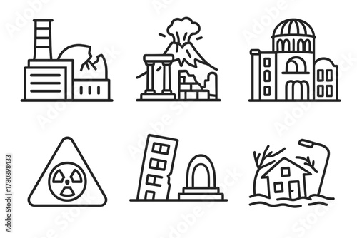 Iconic Disaster Destinations. Line style icons of disaster tourism destinations: Chernobyl reactor, Pompeii ruins, Hiroshima dome,
