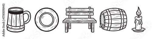 Black and white line art of a wooden mug, round plate, rustic bench, wooden barrel, and melting candle on a saucer.