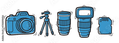 Illustrated blue camera equipment icons including a camera, tripod, two lenses, and a memory card, all with black outlines and minimal details.