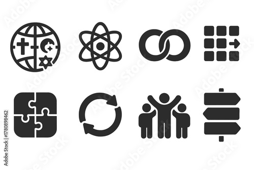 Cultural Symbol Icons. Solid style icons of cross-cultural symbols: globe with icons glyph, fusion badge, shared meaning ring.