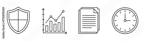 Black outline vector icons depicting a shield, a graph with upward trend, a stack of documents, and an analog clock showing four o'clock.