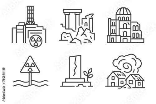 Iconic Disaster Destinations. Line style icons of disaster tourism destinations: Chernobyl reactor, Pompeii ruins, Hiroshima dome,