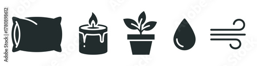 Black silhouette icons of a pillow, a lit candle, a potted plant, a droplet, and wind lines, representing comfort with elements of nature and relaxation.