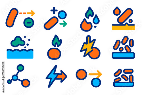 Microbial-Metal Interaction Icons. Flat vector icons of microbial-metal interactions: electron transfer, ion arrow, bacterial