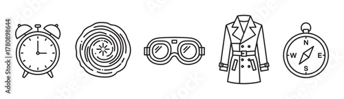 Black outline icons of an alarm clock, tree ring, protective goggles, coat, and compass in a row, symbolizing time, nature, safety, fashion, and navigation.