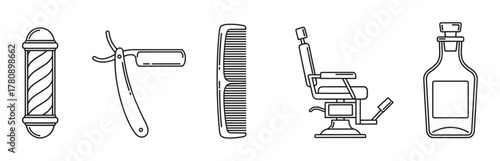 Black outline icons of a barber pole, straight razor, comb, vintage barber chair, and bottle of aftershave lotion in a simple linear style.