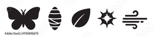 Black silhouette icons depicting a butterfly, cocoon, leaf, star symbol, and breeze lines, representing various natural elements.
