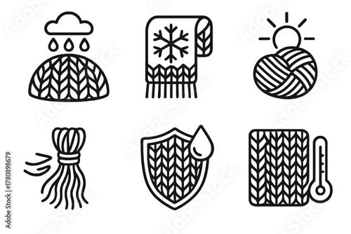 Weather-Reactive Yarn Art. Line style icons of weather-reactive yarn art: rainproof knit dome, snowflake-themed wrap, sun-reactive