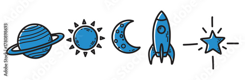 Hand-drawn icons of a blue planet with rings, sun, crescent moon, rocket, and star, representing space and celestial themes.