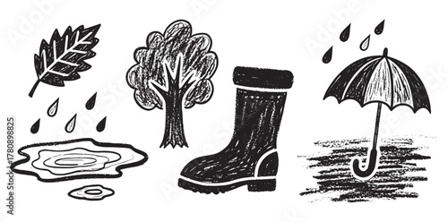 Black and white doodle-style illustrations featuring a leaf, a tree, a boot, a puddle with droplets, and an umbrella on a textured surface.