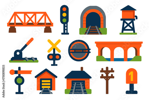 Railway Infrastructure Icons. Flat vector icons of Railway Infrastructure: rusted bridge, signal tower, tunnel entrance, water